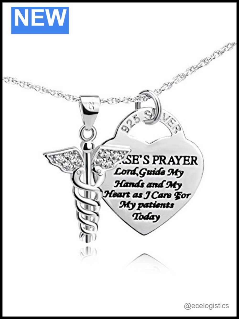 925 Sterling Silver Caduceus Angel Nursing Pendant Necklace 18in
